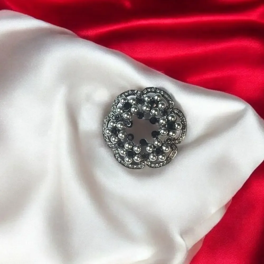 Black Rhinestone & Gray Pearl Floral Brooch Vintage Silver Tone Statement Pin